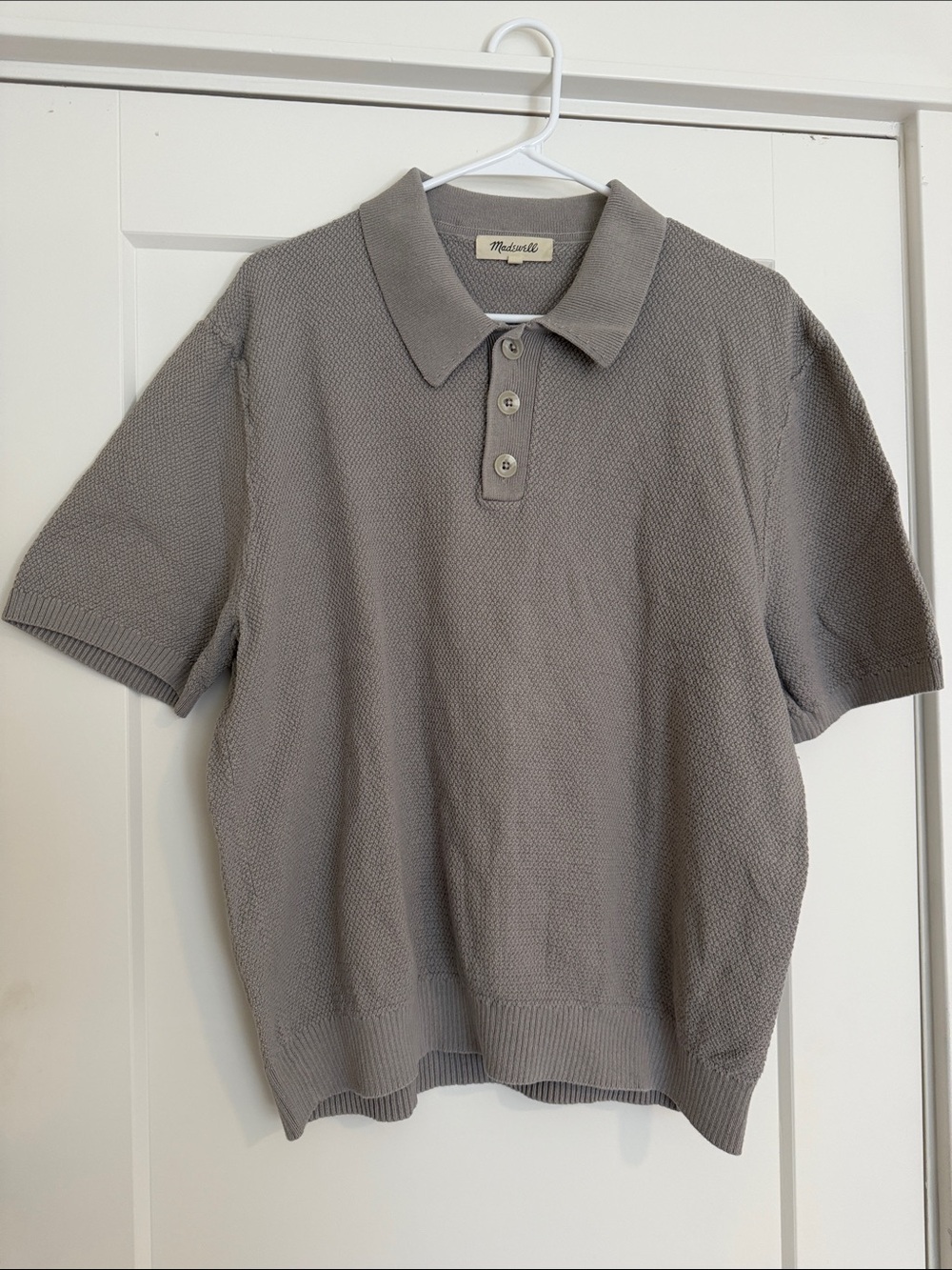 Madewell Men's Gray Textured Cotton/Linen Short-Sleeve Polo. Size large